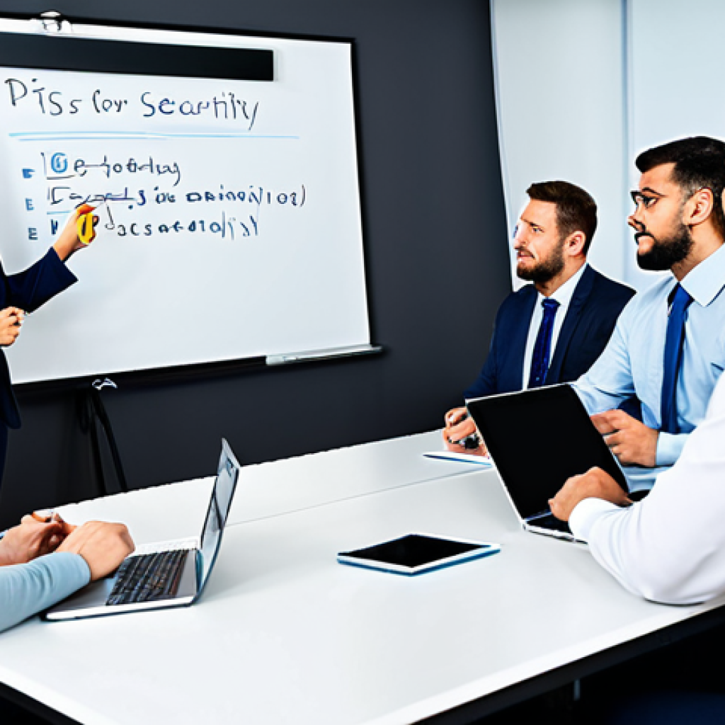 **

"A diverse group of office workers participating in a data security awareness training session, fully clothed, appropriate attire, safe for work. The scene should depict a bright, modern office setting with employees actively engaged in a presentation on phishing email recognition and secure password creation. Focus on positive expressions and active participation. Include elements like a projector screen displaying a sample phishing email and a whiteboard with tips for creating strong passwords. professional, modest, family-friendly, perfect anatomy, natural proportions, high quality."

**