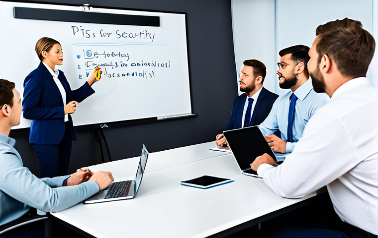 **

"A diverse group of office workers participating in a data security awareness training session, fully clothed, appropriate attire, safe for work. The scene should depict a bright, modern office setting with employees actively engaged in a presentation on phishing email recognition and secure password creation. Focus on positive expressions and active participation. Include elements like a projector screen displaying a sample phishing email and a whiteboard with tips for creating strong passwords. professional, modest, family-friendly, perfect anatomy, natural proportions, high quality."

**