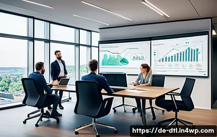 동기화 오류로 인한 데이터 손실 예방 - A modern office scene in Germany showing a diverse team of professionals around a large table, colla...