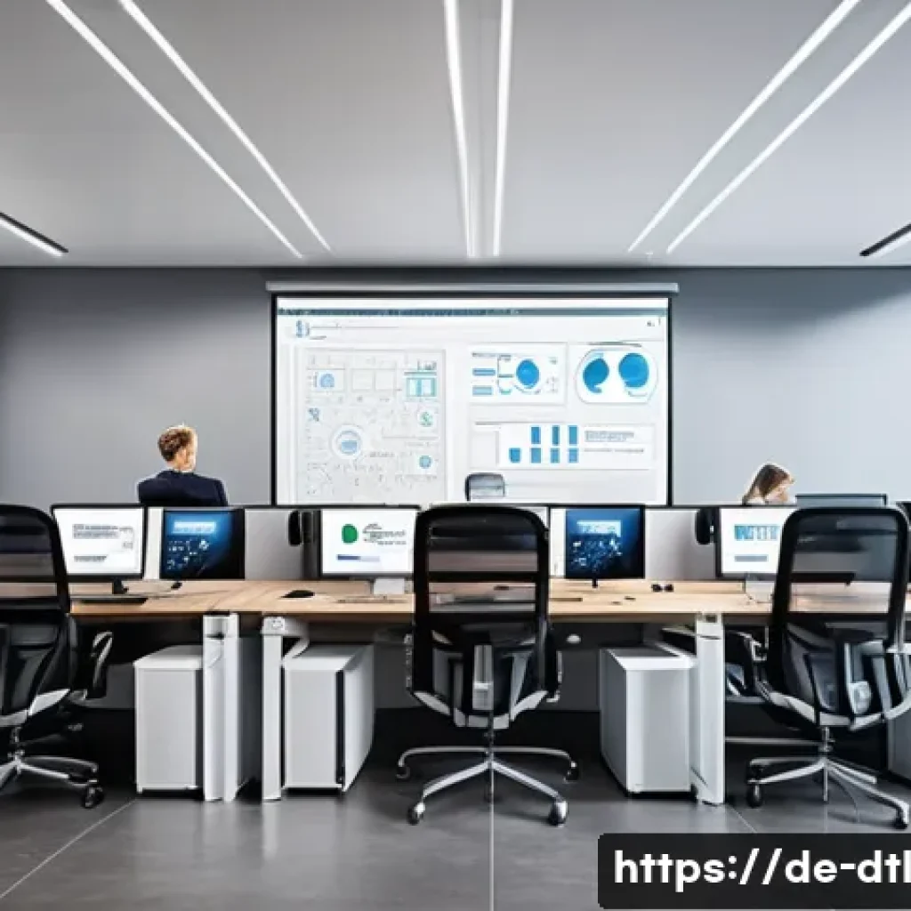 데이터 손실 방지를 위한 기술적 트렌드 - A modern office environment in Germany showing diverse IT professionals working collaboratively arou...