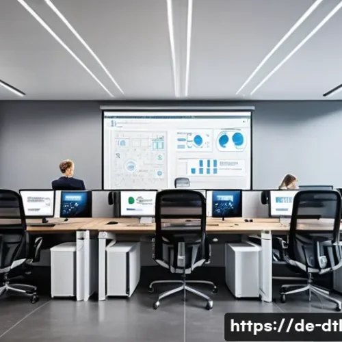 데이터 손실 방지를 위한 기술적 트렌드 - A modern office environment in Germany showing diverse IT professionals working collaboratively arou...