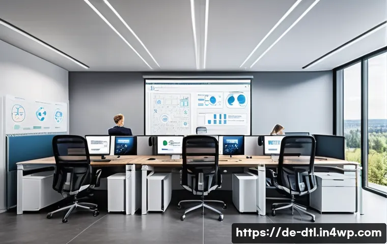 데이터 손실 방지를 위한 기술적 트렌드 - A modern office environment in Germany showing diverse IT professionals working collaboratively arou...