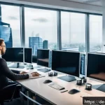 비즈니스 연속성 계획과 데이터 보호 - A modern German small business office environment showing IT professionals actively monitoring multi...