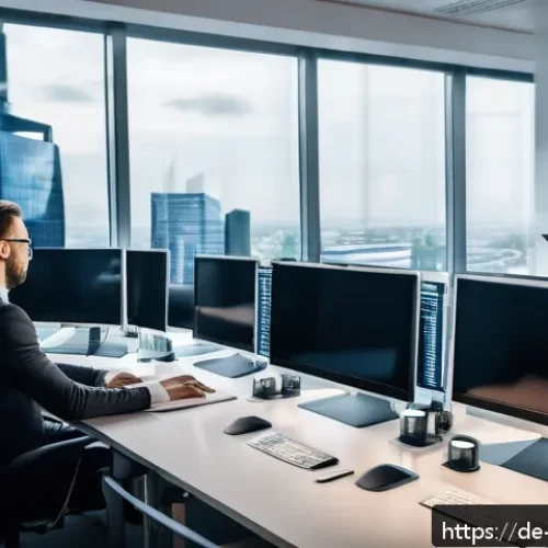 비즈니스 연속성 계획과 데이터 보호 - A modern German small business office environment showing IT professionals actively monitoring multi...