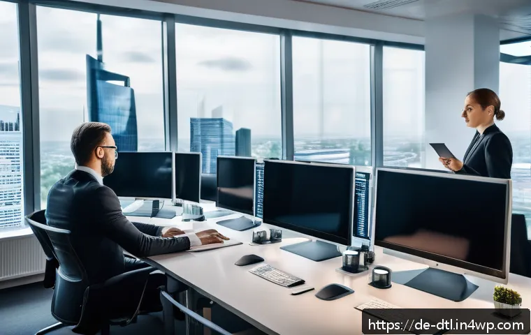 비즈니스 연속성 계획과 데이터 보호 - A modern German small business office environment showing IT professionals actively monitoring multi...