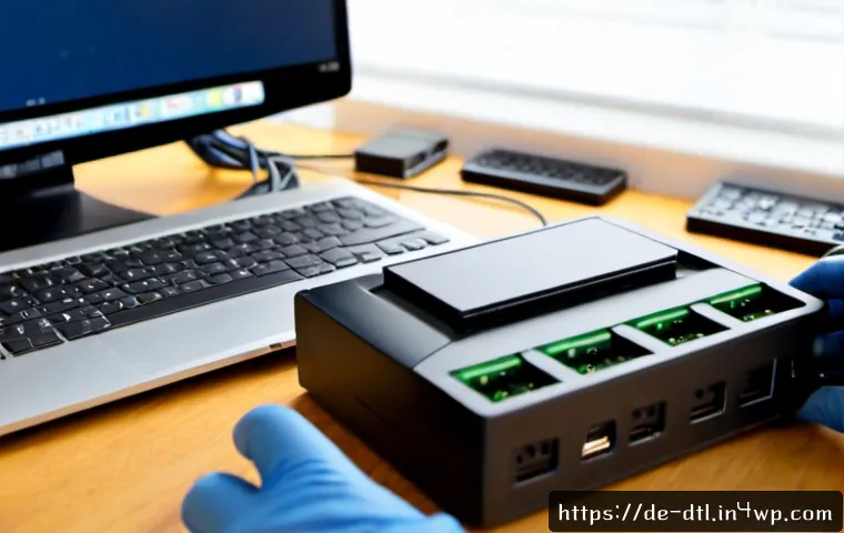 데이터 복구 시 유의해야 할 사항 - Photorealistic close-up of a careful data recovery workspace in a tidy German home office, gloved ha...
